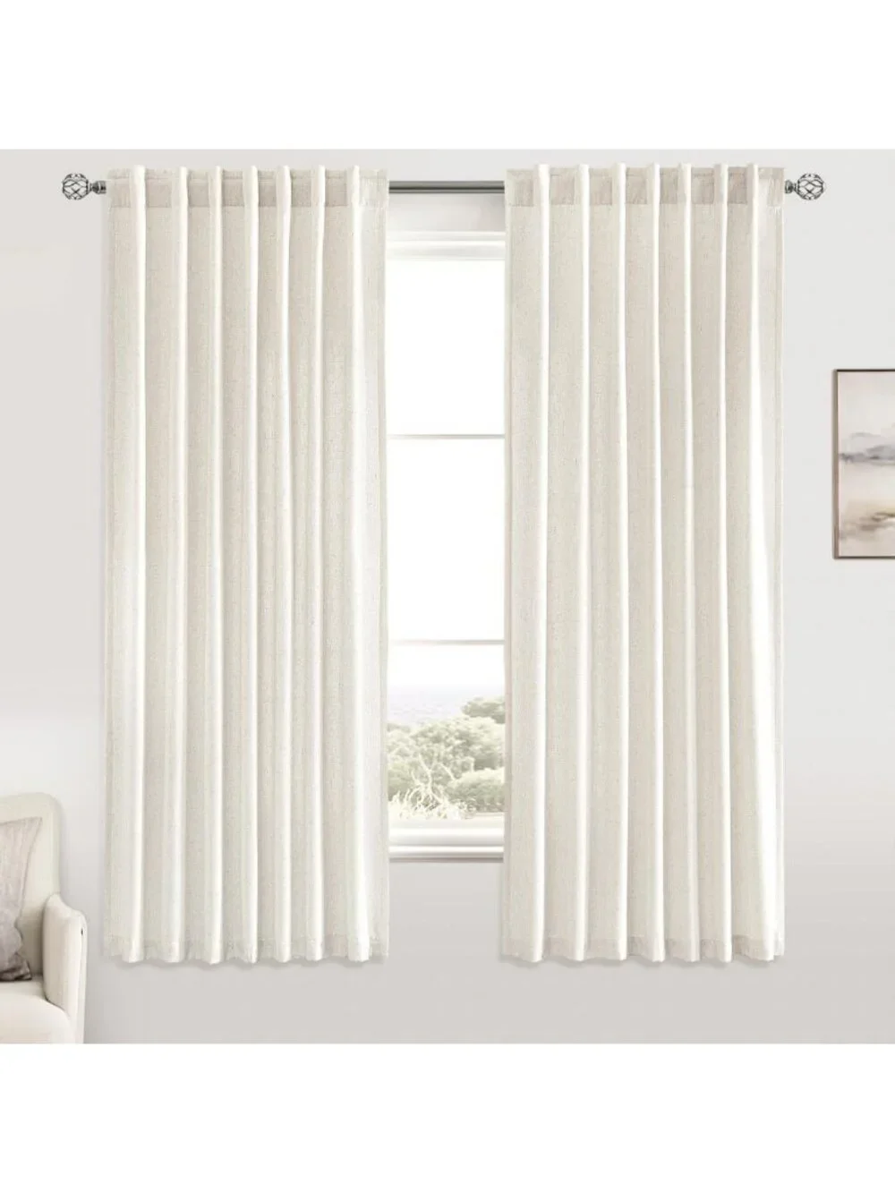 Light Filtering Linen Curtains - 2 Panels, Semi-Sheer Drapes for Bedroom/Living